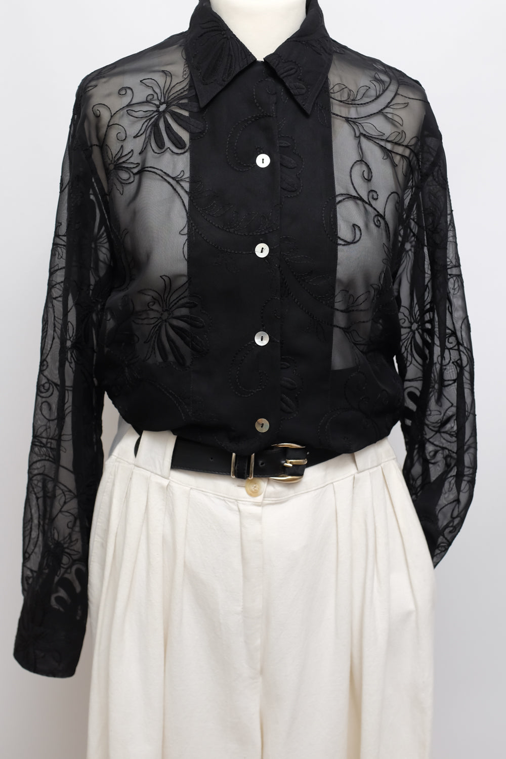 SEE THROUGH BLACK FLORAL EMBROIDERY SHIRT