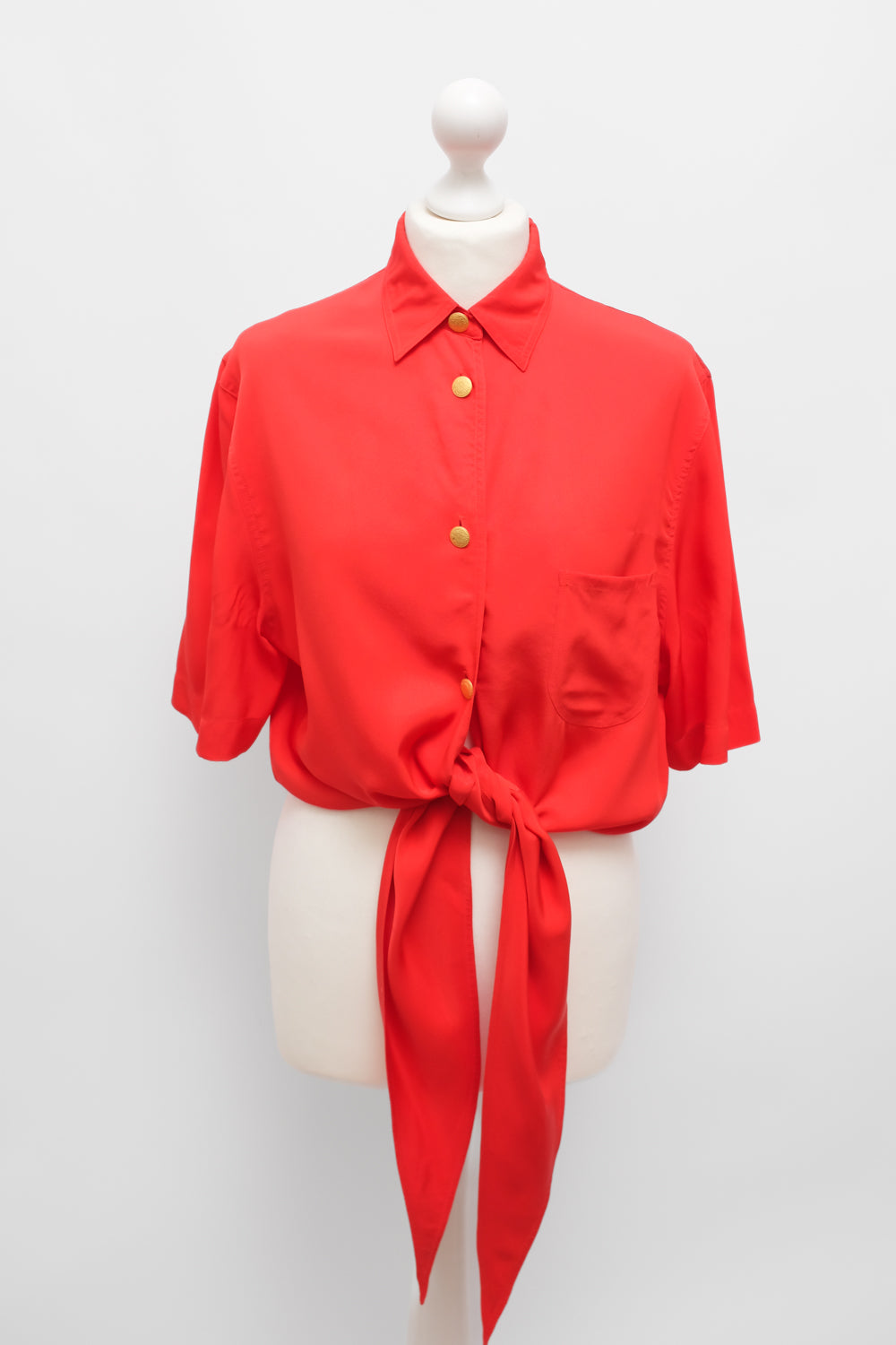 PURE SILK RED CROP KNOTTED VINTAGE BLOUSE