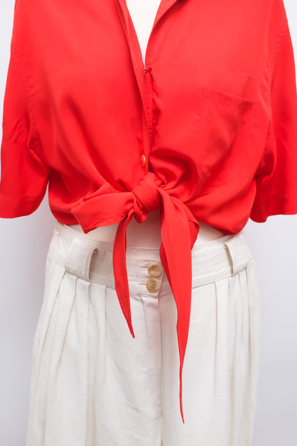 PURE SILK RED CROP KNOTTED VINTAGE BLOUSE