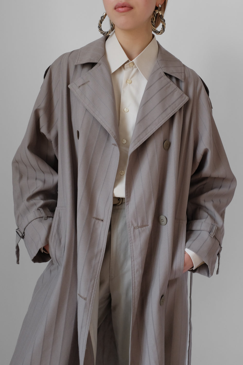 WOOL VINTAGE PINSTRIPED TRENCH COAT