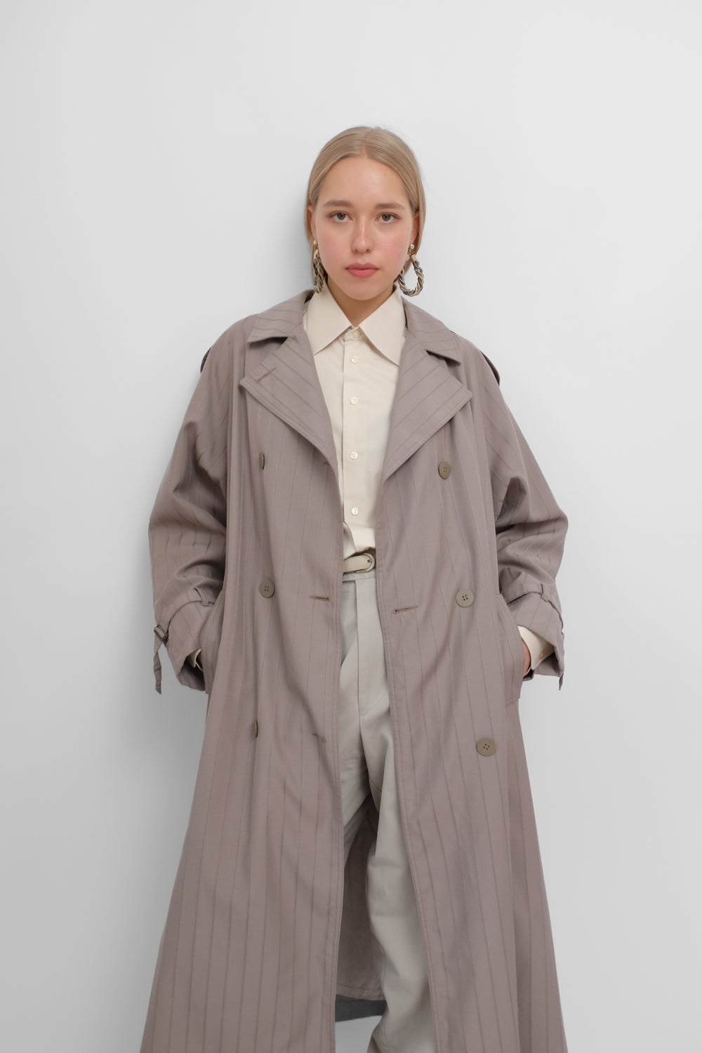 WOOL VINTAGE PINSTRIPED TRENCH COAT