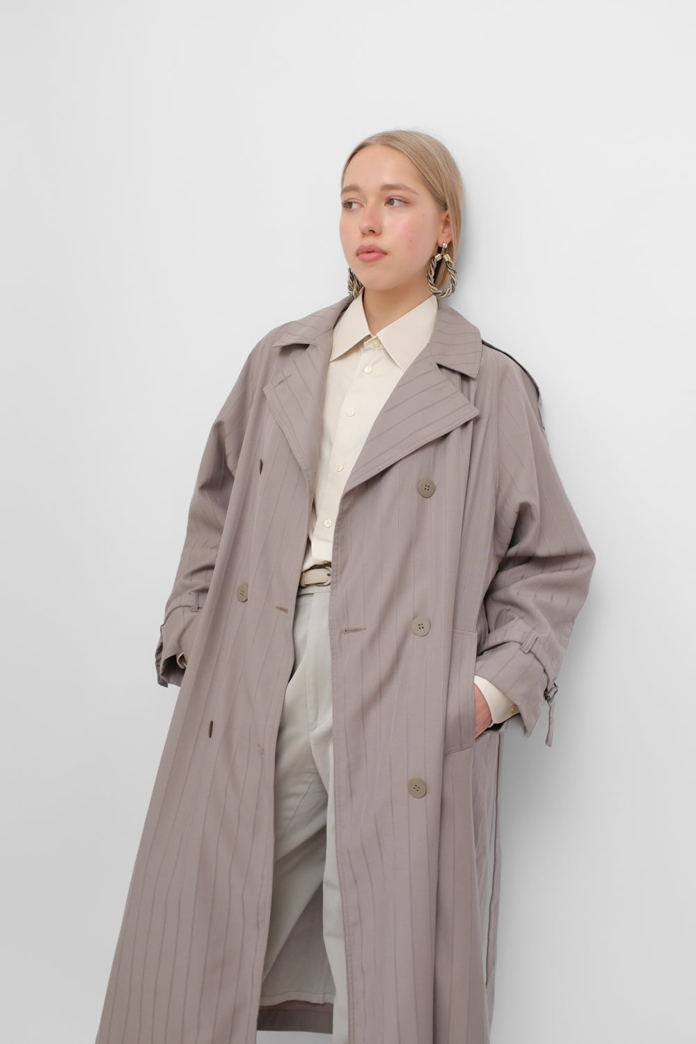 WOOL VINTAGE PINSTRIPED TRENCH COAT