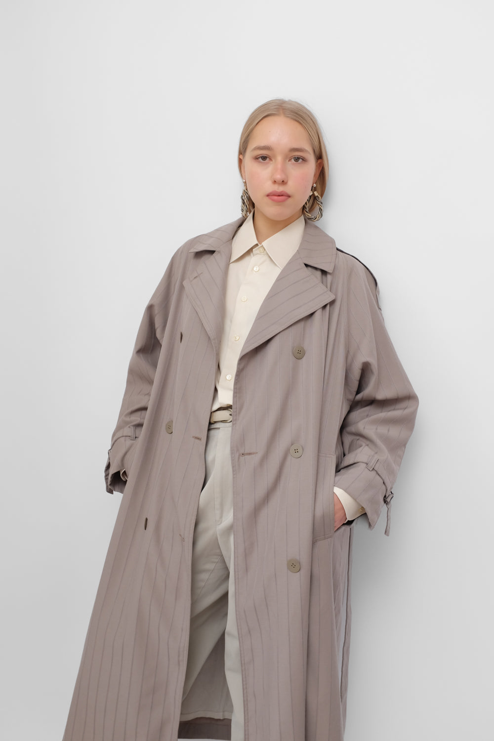 WOOL VINTAGE PINSTRIPED TRENCH COAT
