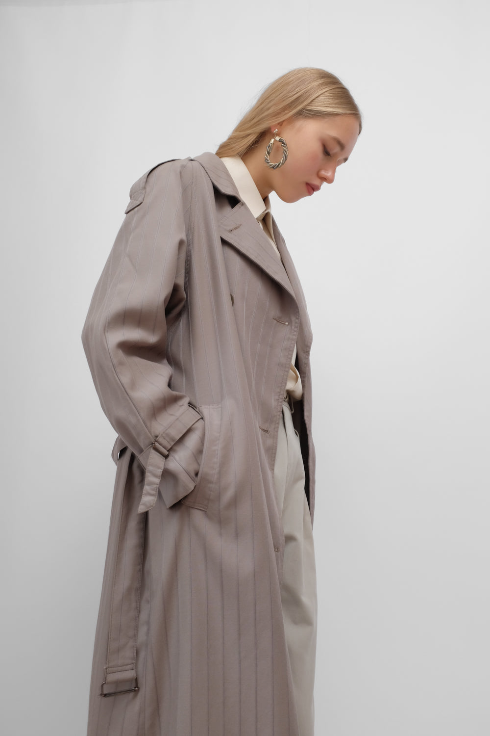 WOOL VINTAGE PINSTRIPED TRENCH COAT