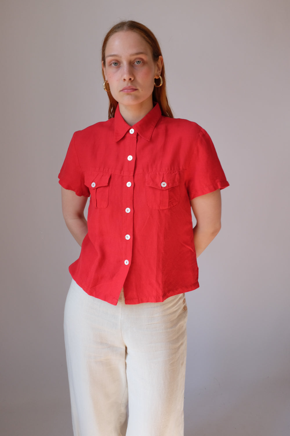 LINEN VISCOSE RED CROP SHIRT