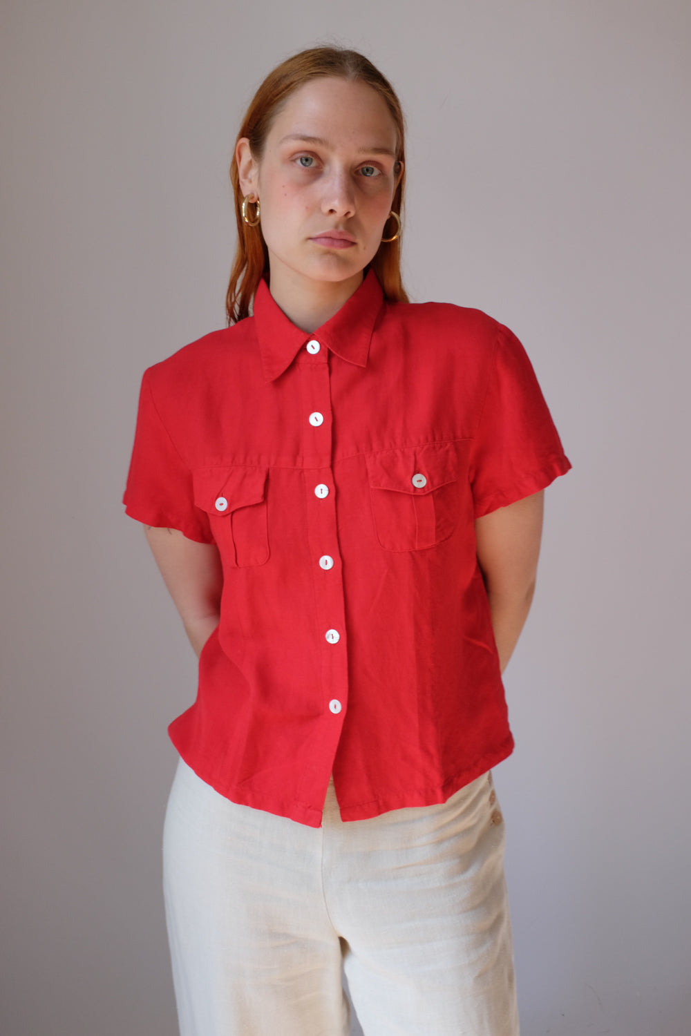 LINEN VISCOSE RED CROP SHIRT