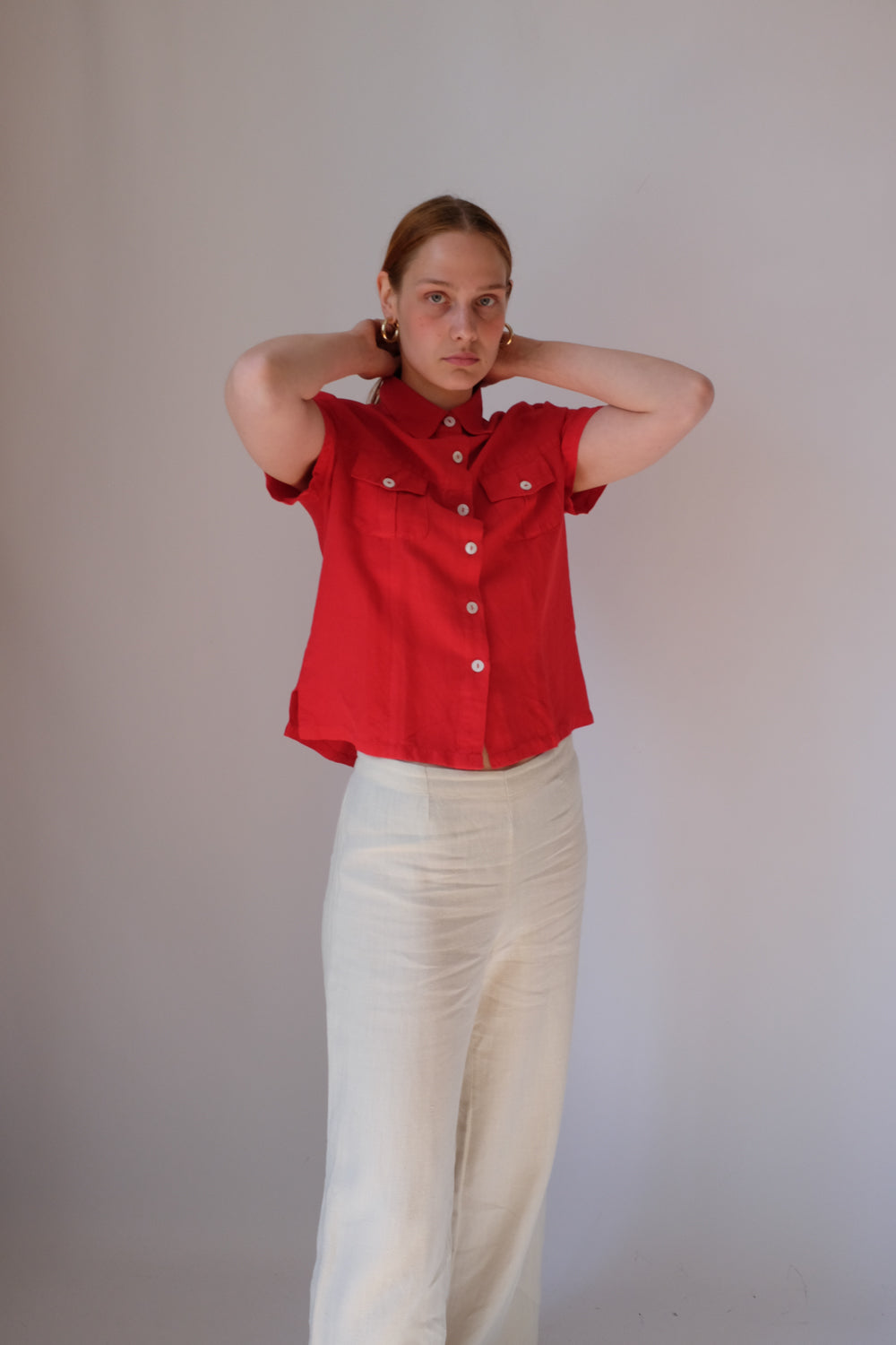 LINEN VISCOSE RED CROP SHIRT