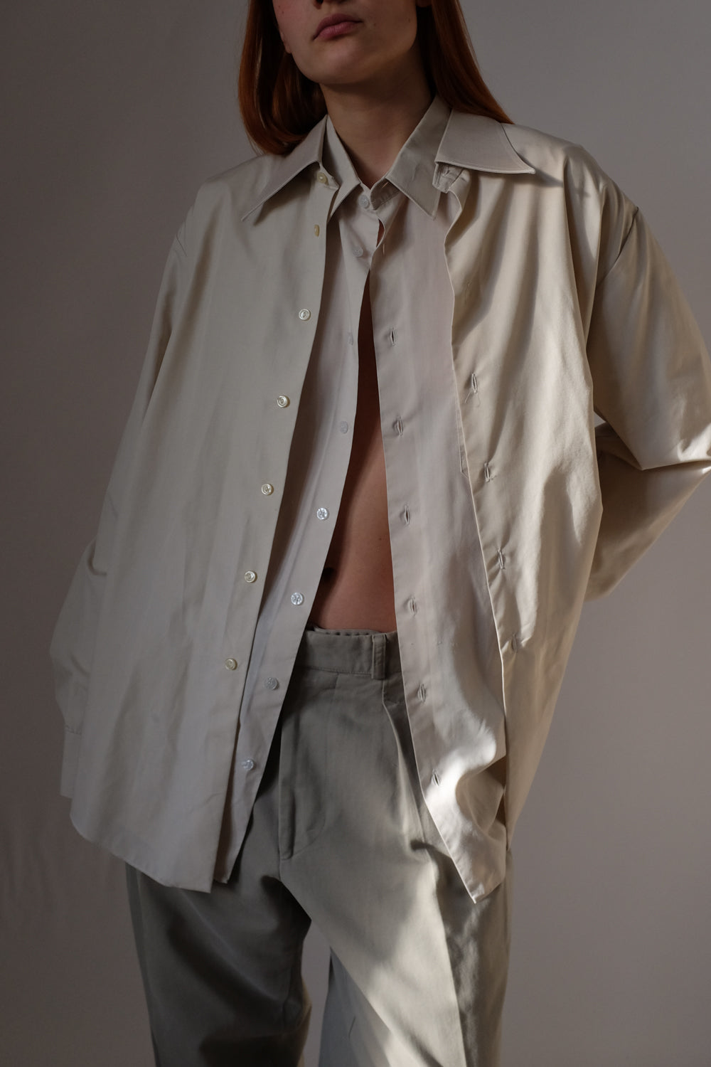 PURE COTTON BEIGE POINTY COLLAR VINTAGE SHIRT
