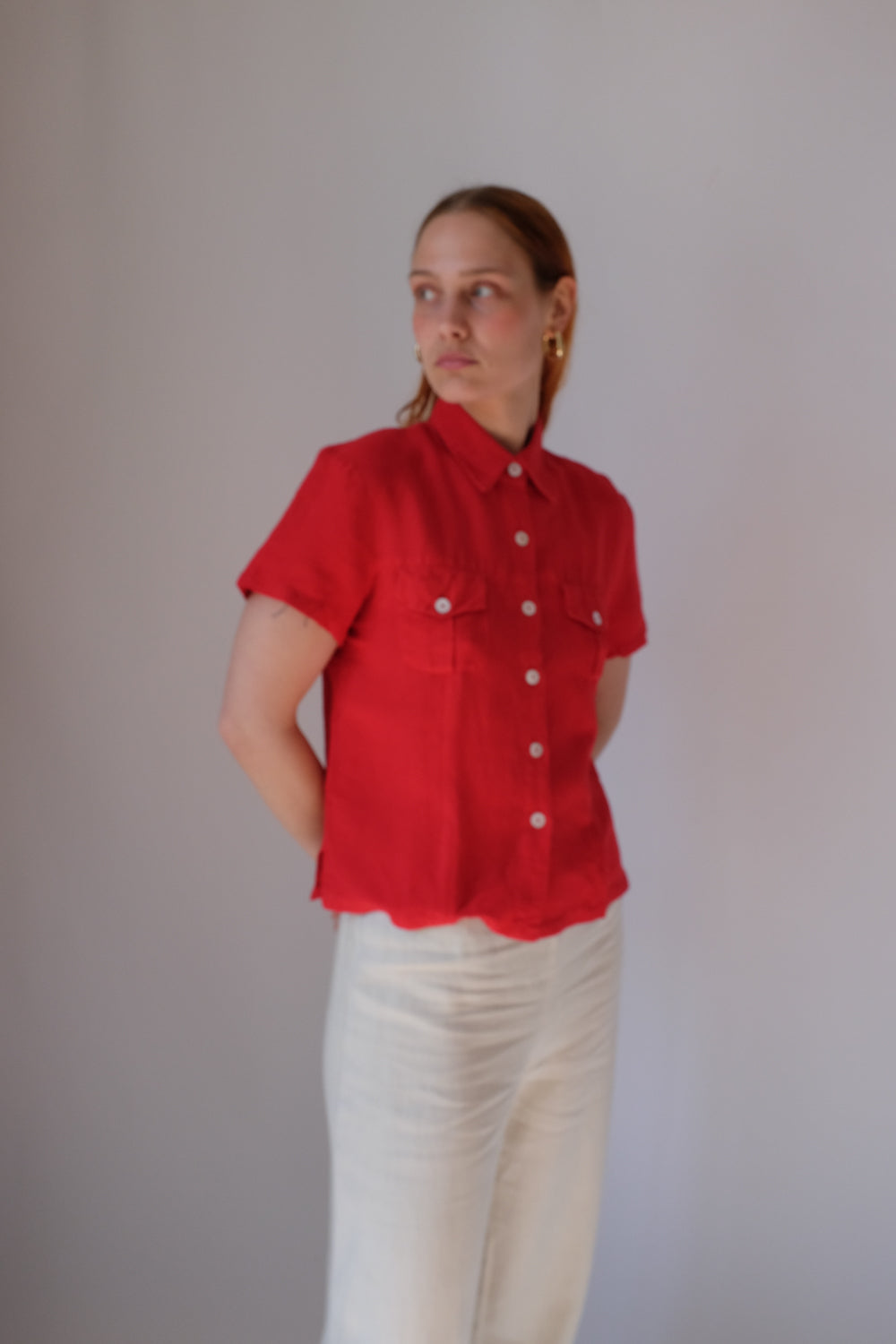 LINEN VISCOSE RED CROP SHIRT