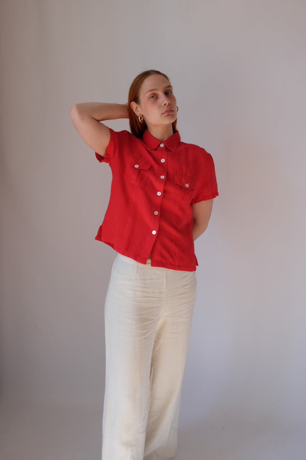 LINEN VISCOSE RED CROP SHIRT