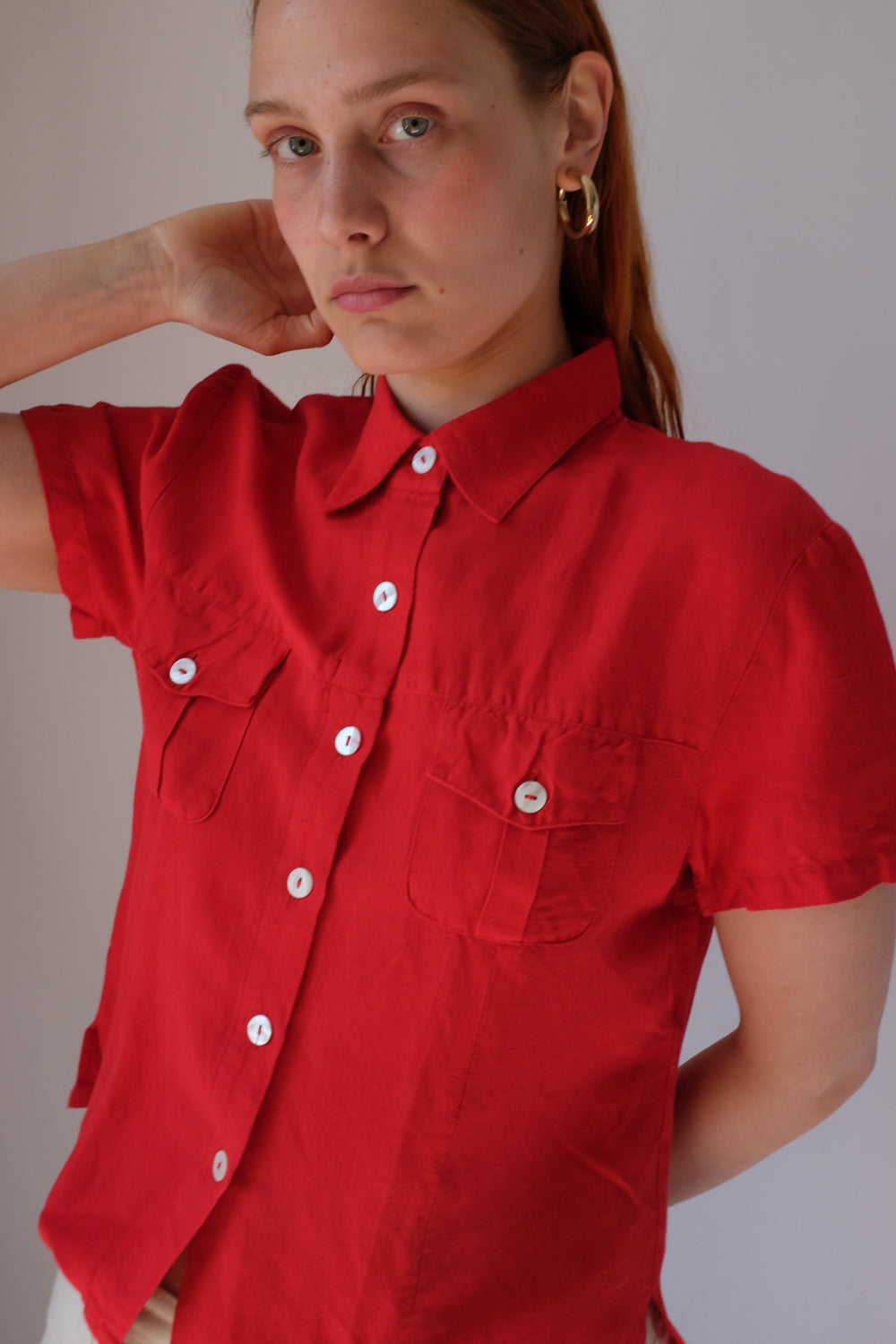 LINEN VISCOSE RED CROP SHIRT