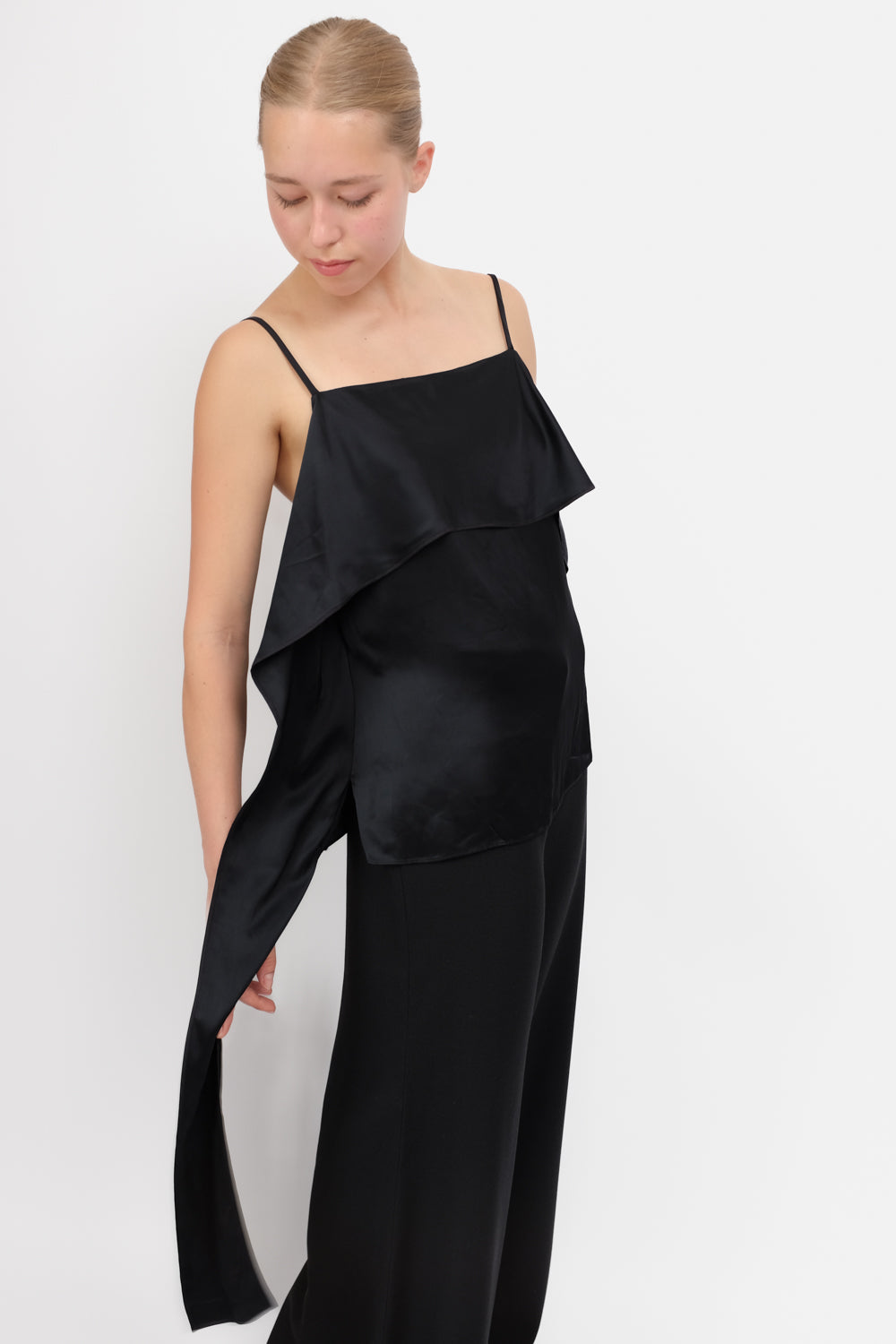 HELMUT LANG SILK SATIN BLACK SCARF TOP