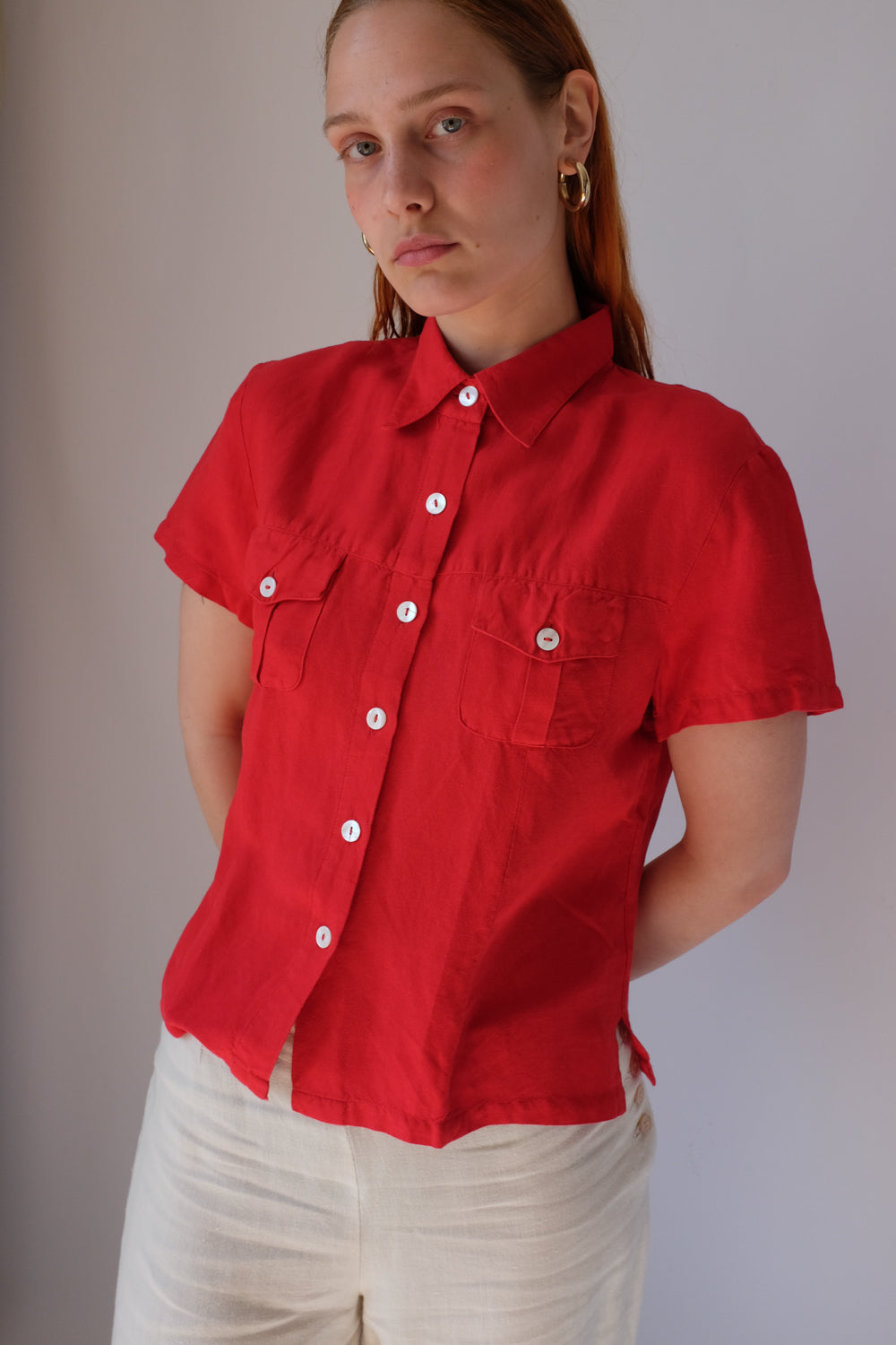 LINEN VISCOSE RED CROP SHIRT