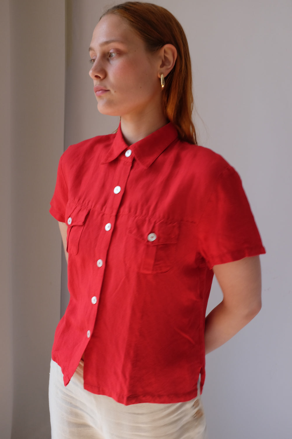 LINEN VISCOSE RED CROP SHIRT