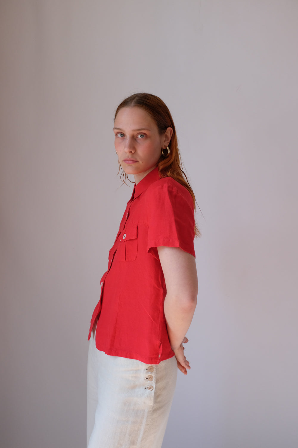 LINEN VISCOSE RED CROP SHIRT