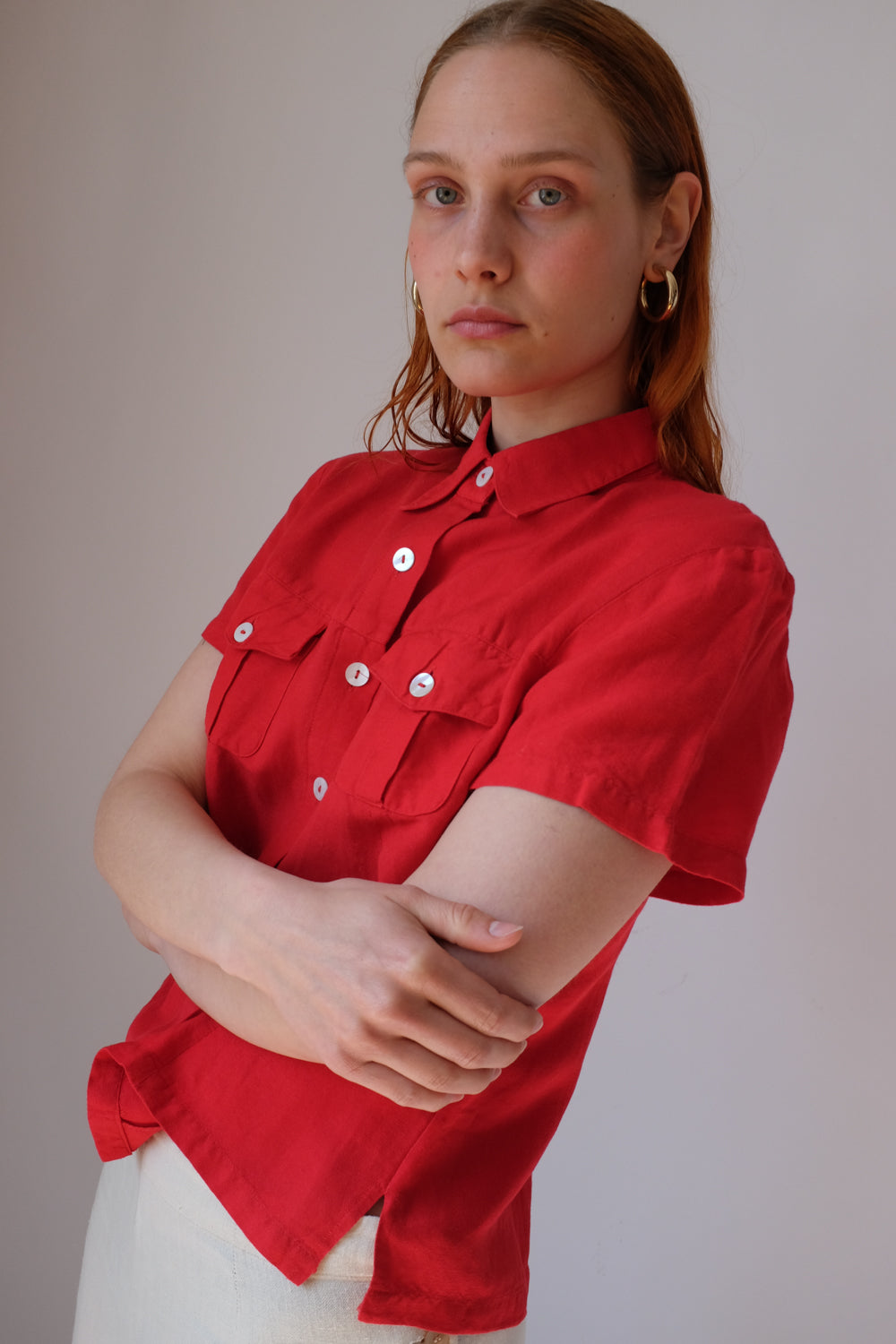 LINEN VISCOSE RED CROP SHIRT