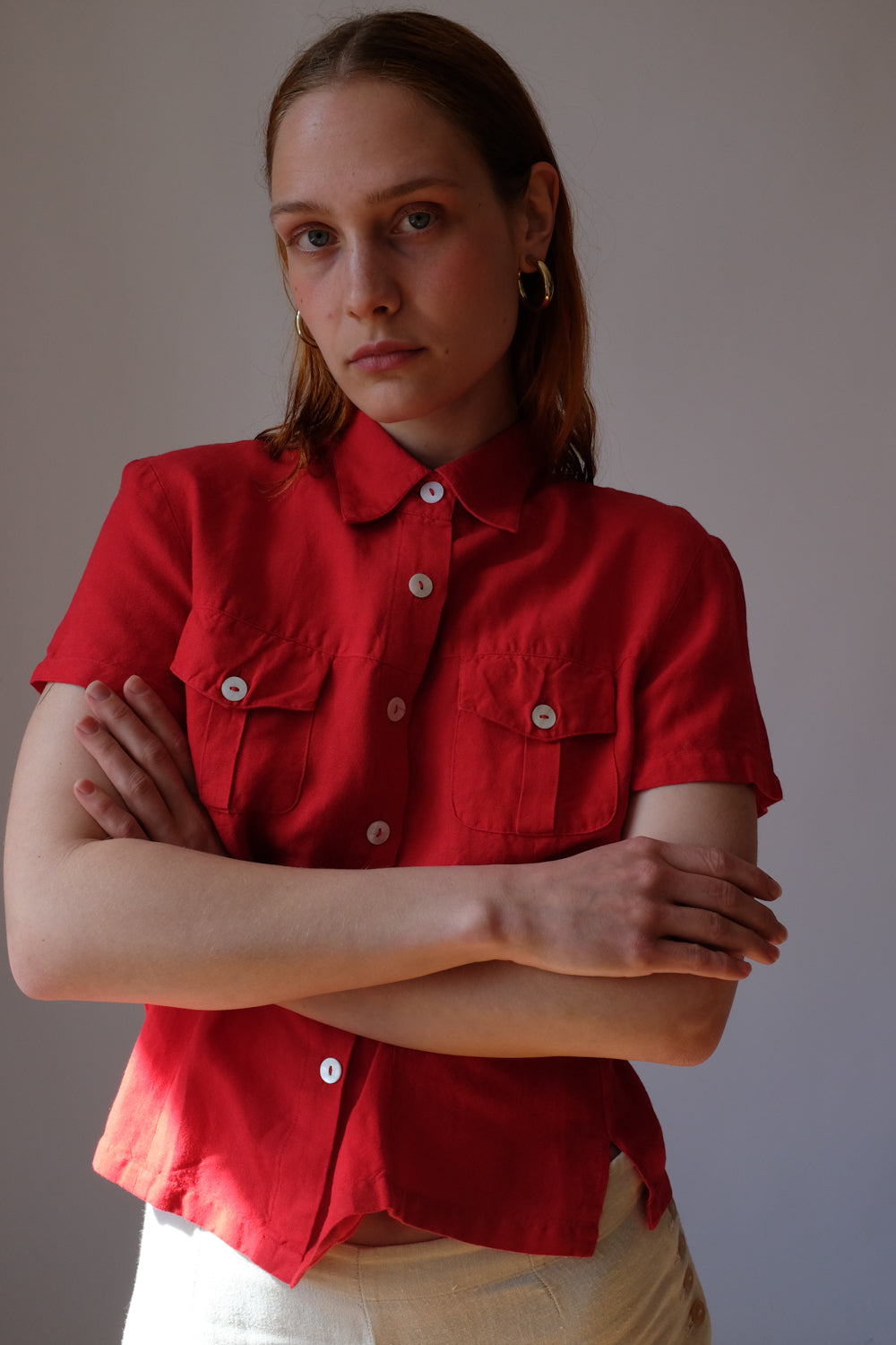 LINEN VISCOSE RED CROP SHIRT