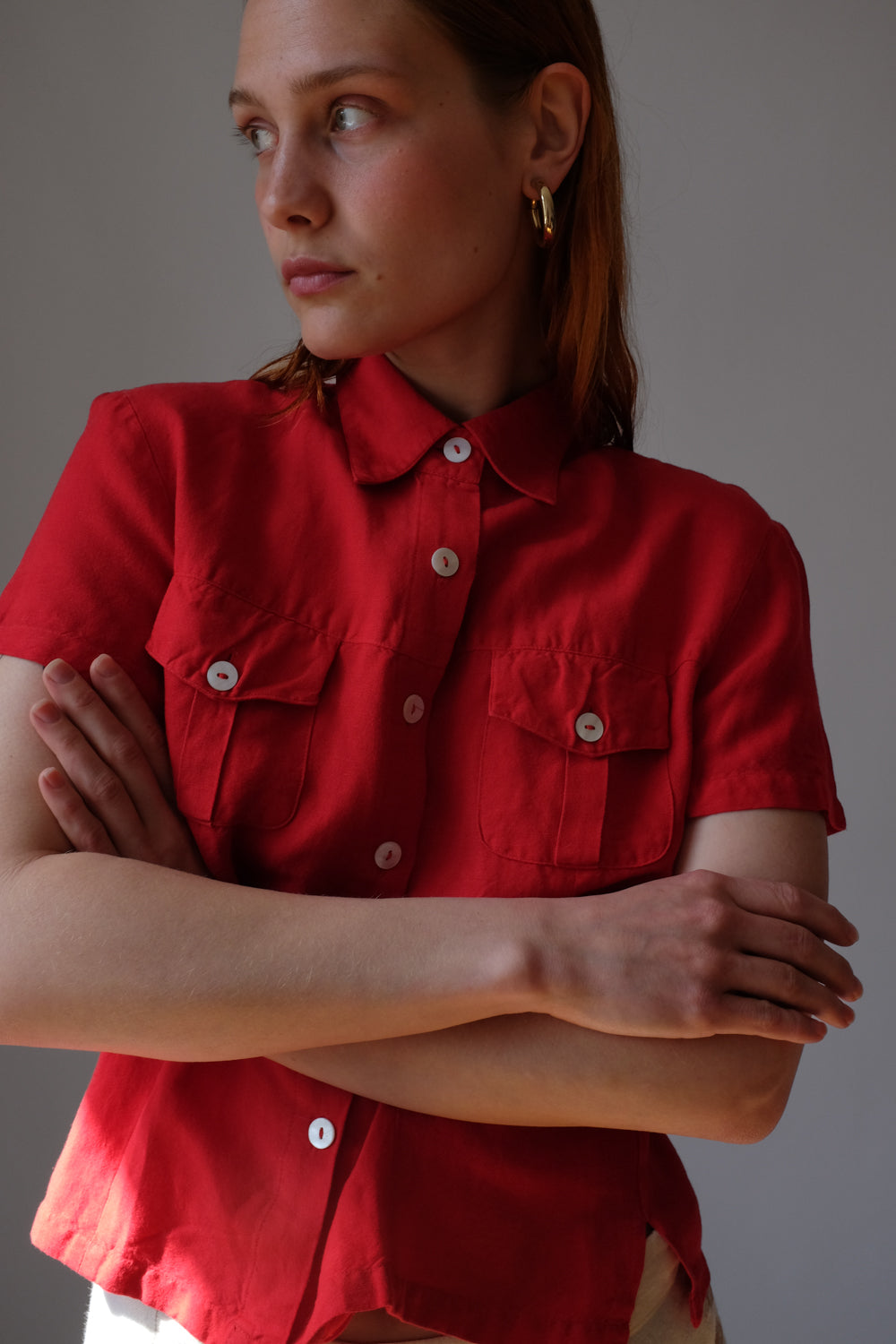 LINEN VISCOSE RED CROP SHIRT