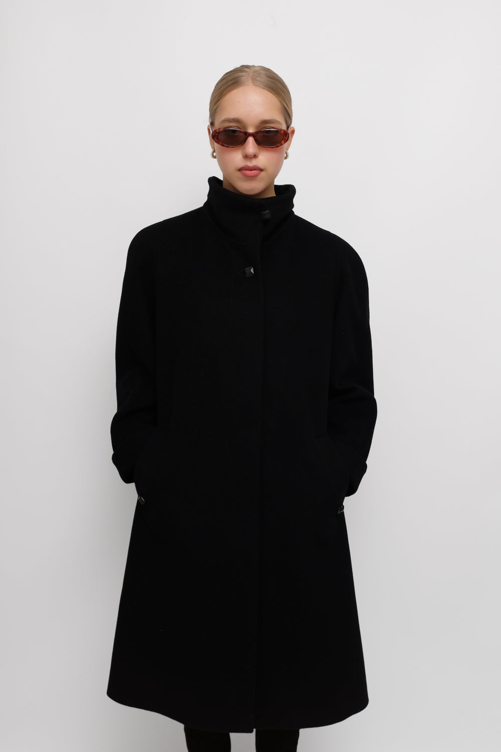 PURE WOOL CASHMERE BLACK HIGH NECK COAT