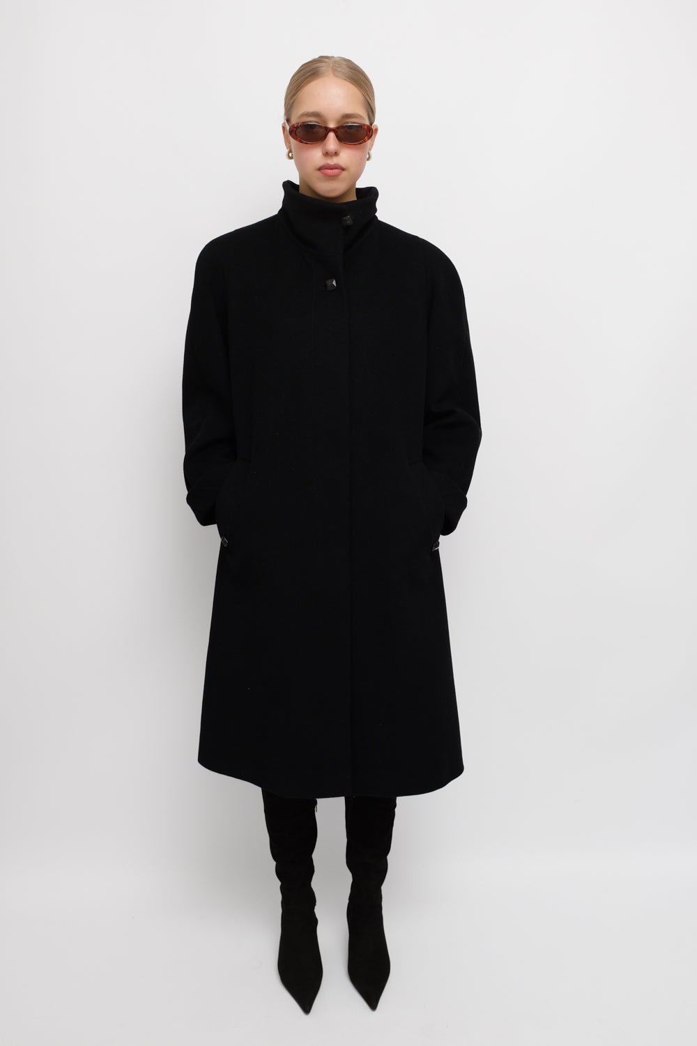 PURE WOOL CASHMERE BLACK HIGH NECK COAT