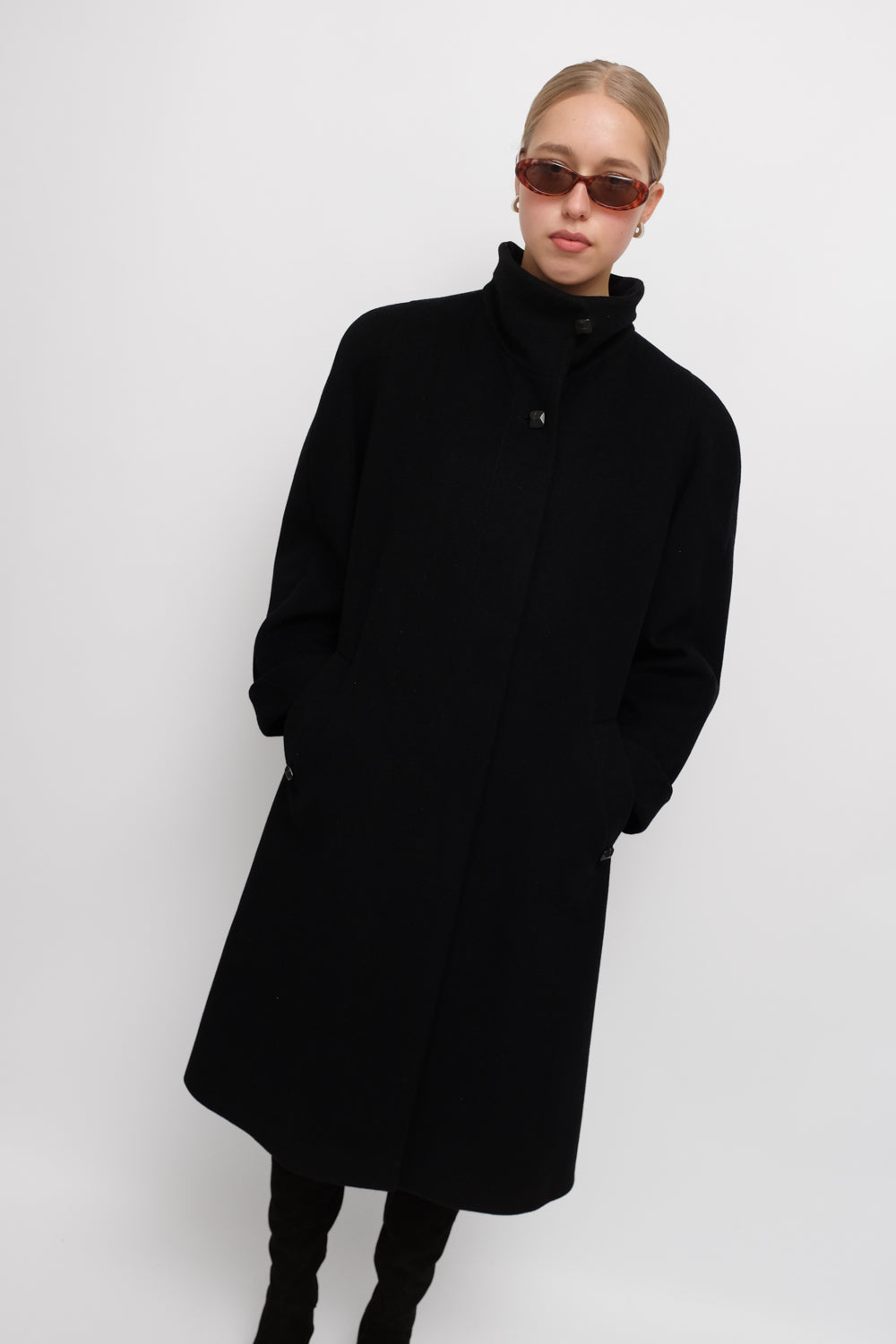PURE WOOL CASHMERE BLACK HIGH NECK COAT