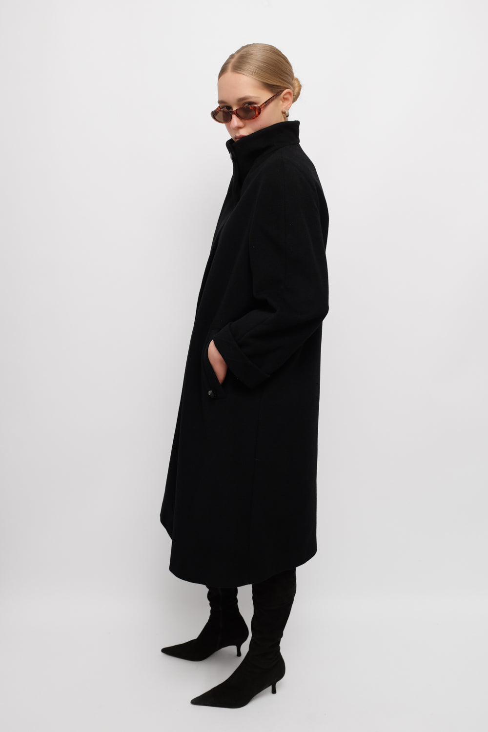 PURE WOOL CASHMERE BLACK HIGH NECK COAT