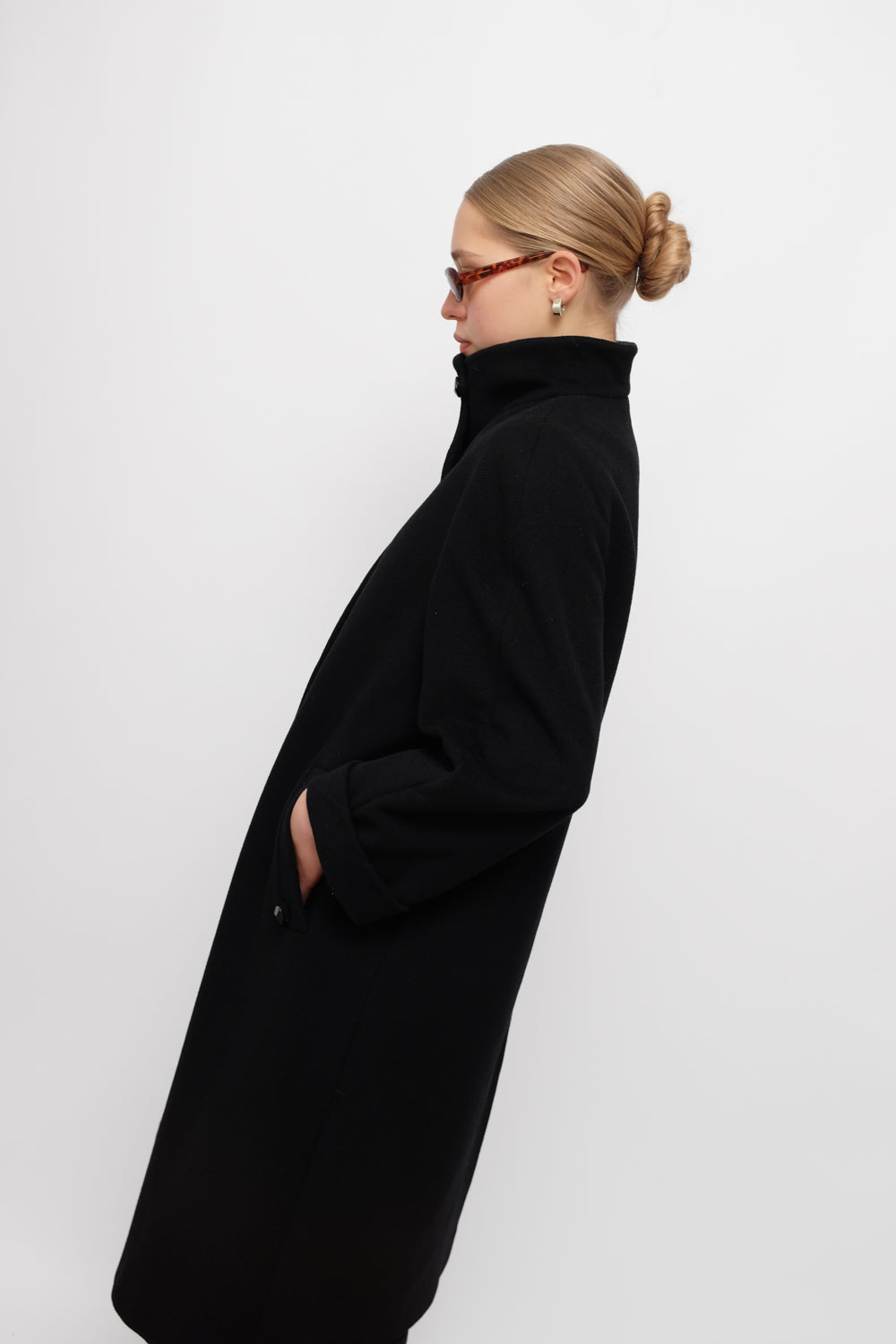 PURE WOOL CASHMERE BLACK HIGH NECK COAT