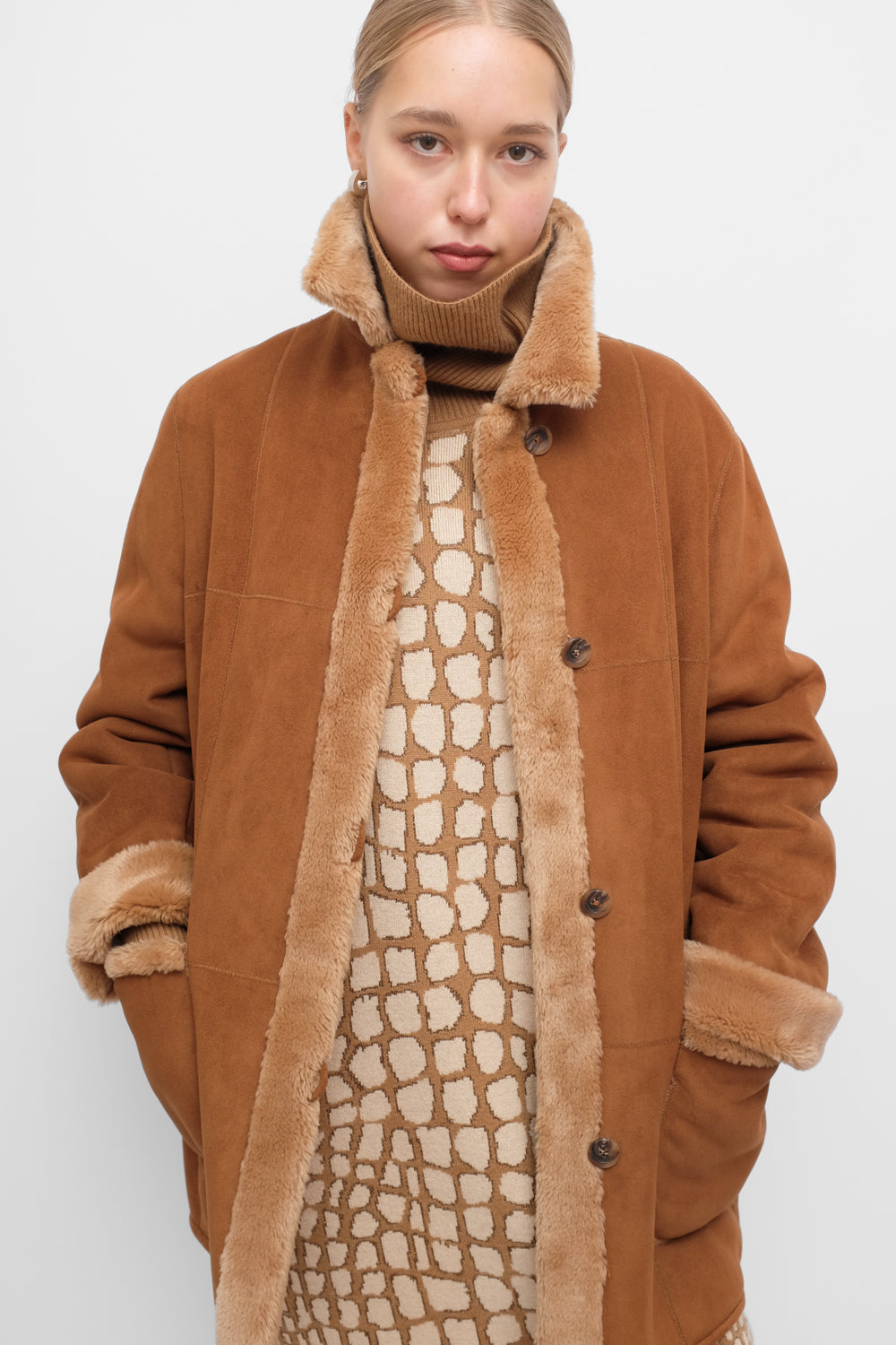 VINTAGE VEGAN SUEDE SHEARLING TEDDY COAT