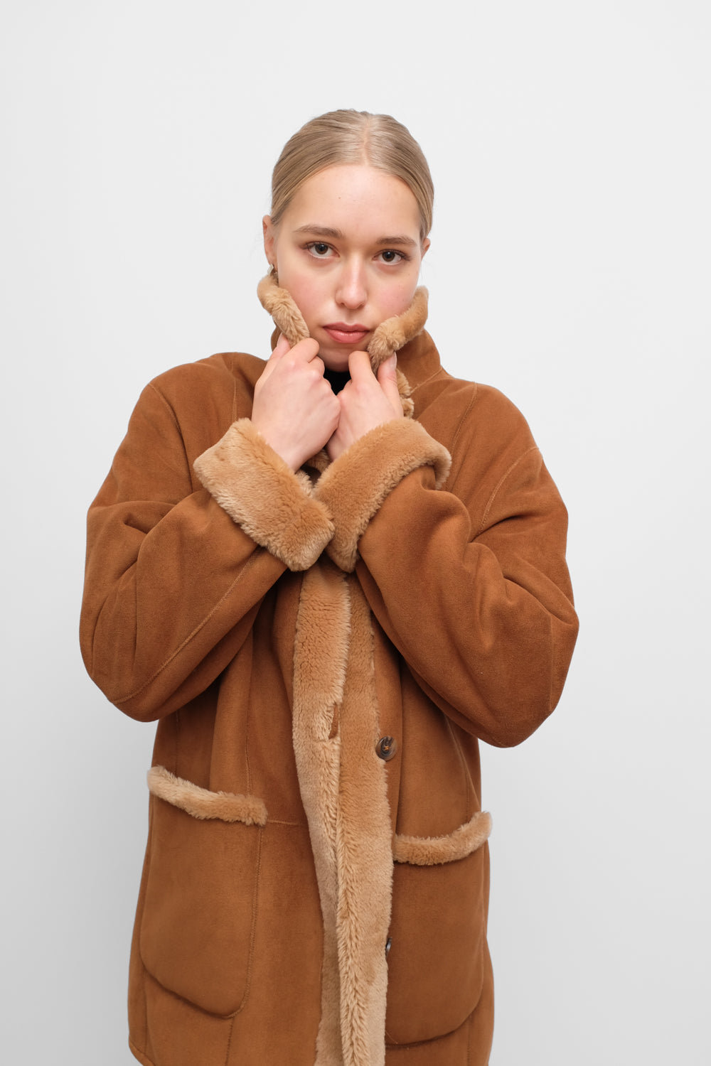 VINTAGE VEGAN SUEDE SHEARLING TEDDY COAT