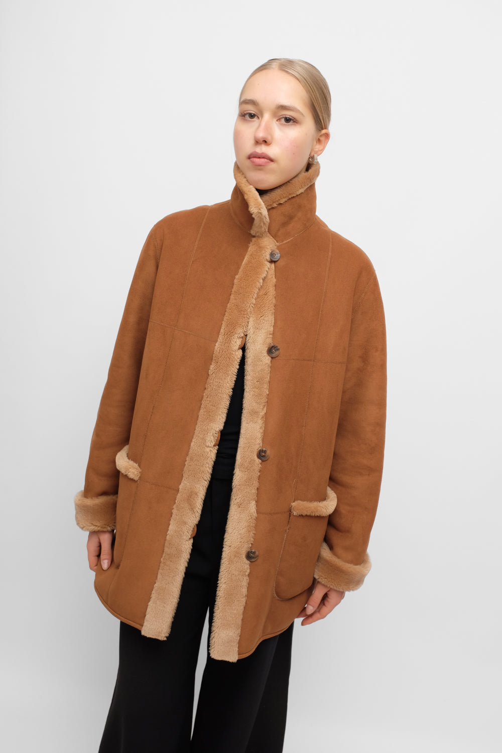 VINTAGE VEGAN SUEDE SHEARLING TEDDY COAT