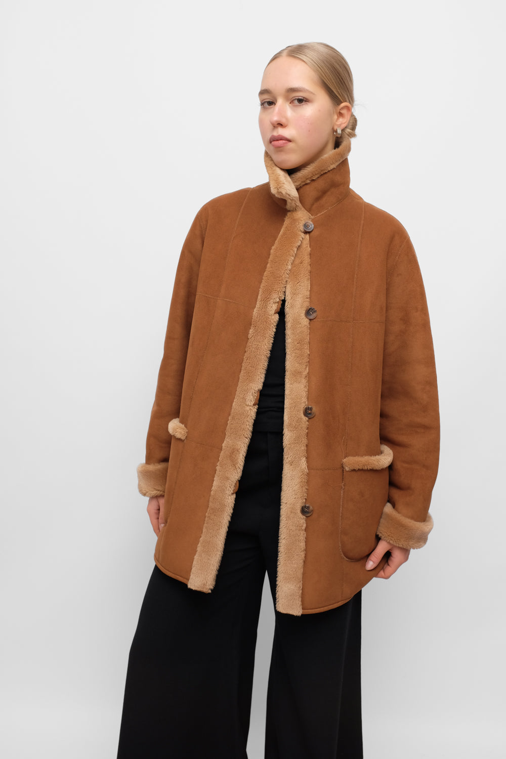 VINTAGE VEGAN SUEDE SHEARLING TEDDY COAT