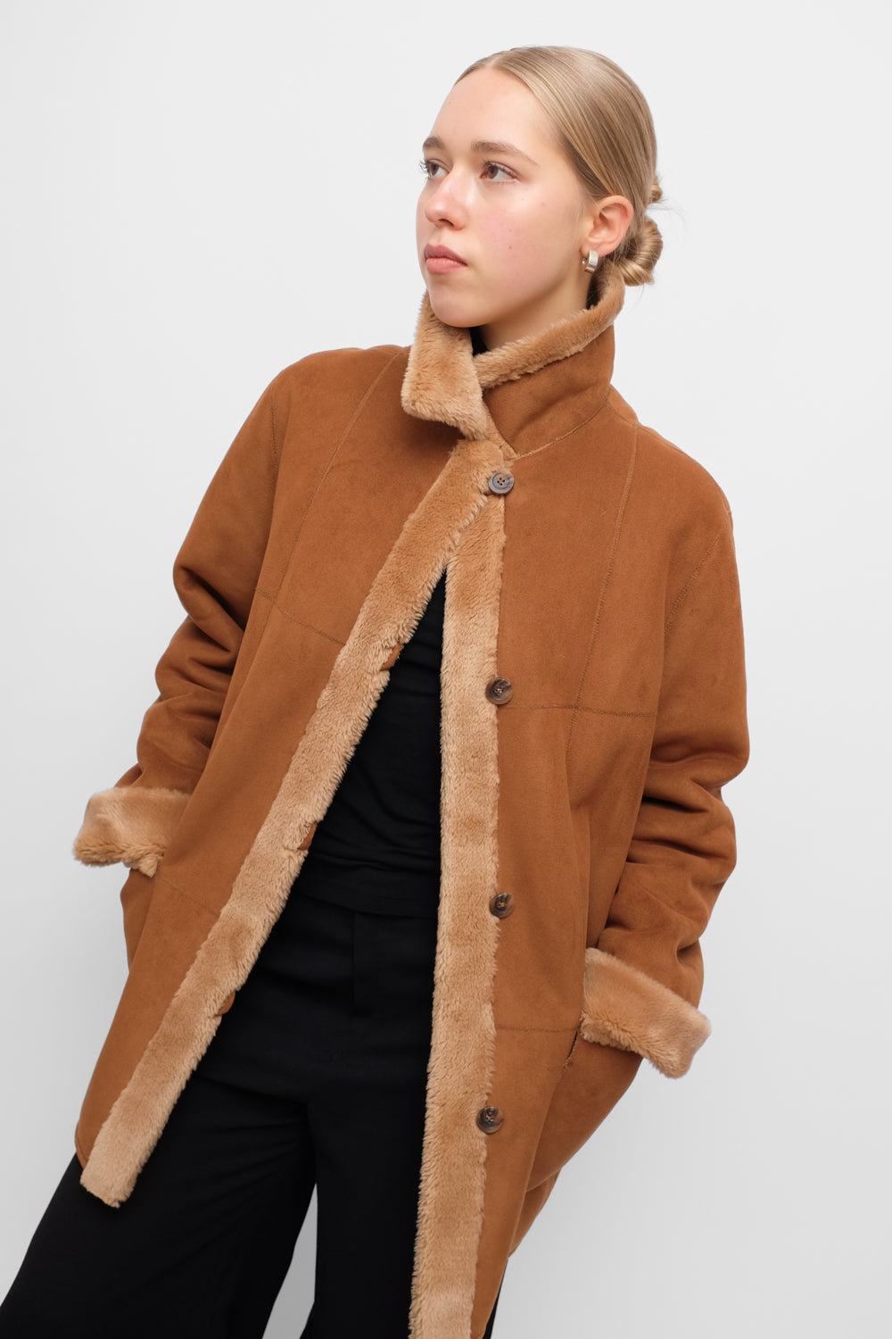 VINTAGE VEGAN SUEDE SHEARLING TEDDY COAT