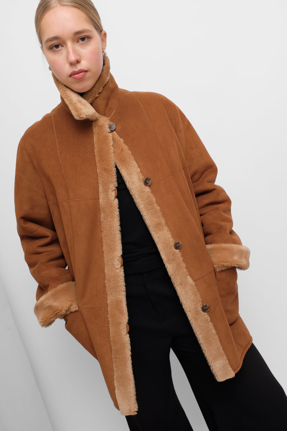 VINTAGE VEGAN SUEDE SHEARLING TEDDY COAT