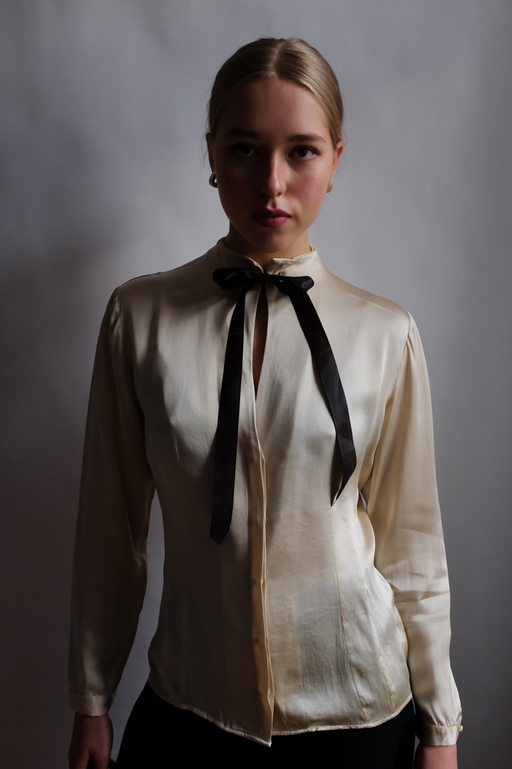 PURE SILK SATIN CREAM TIE MANI ITALY BLOUSE