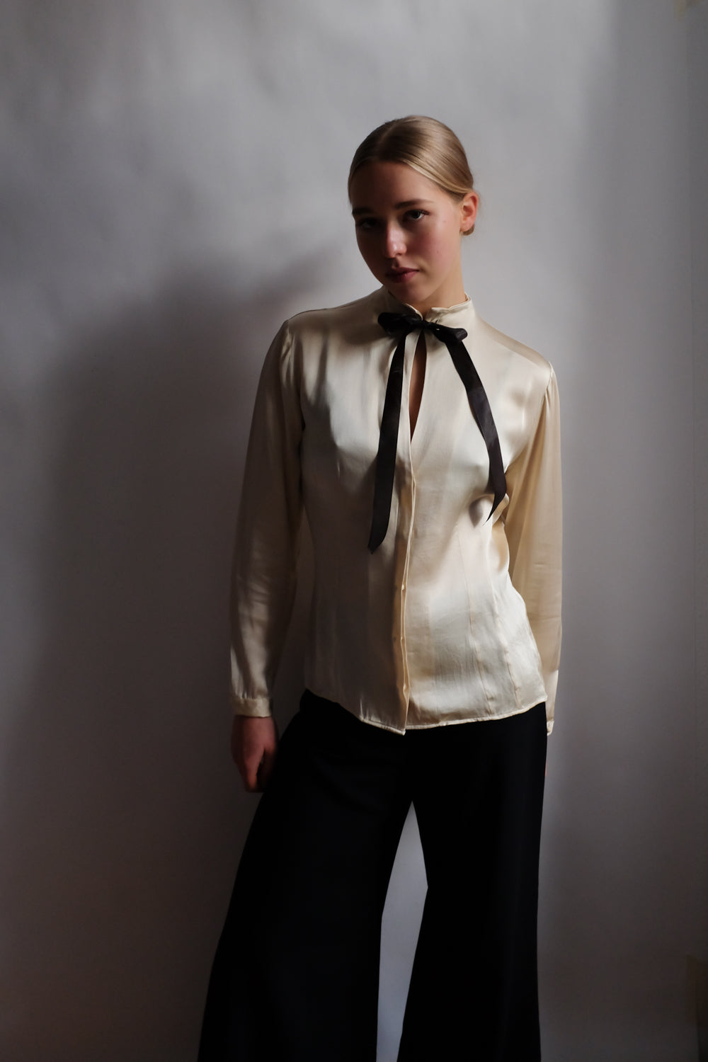 PURE SILK SATIN CREAM TIE MANI ITALY BLOUSE