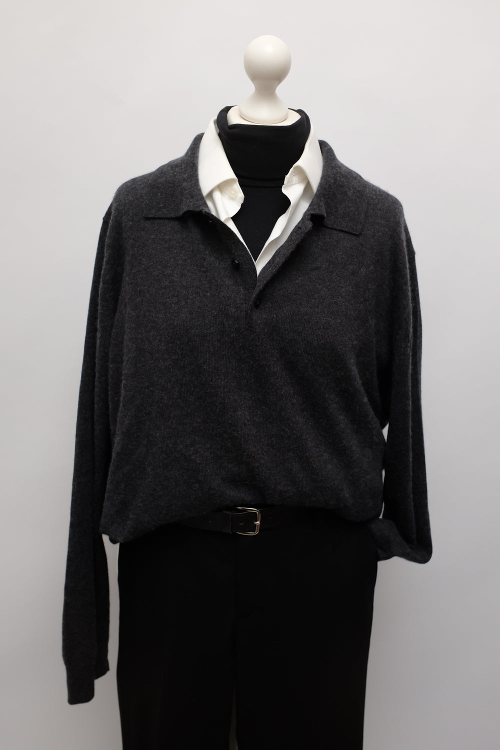PURE CASHMERE SILK ANTHRACITE POLO KNIT