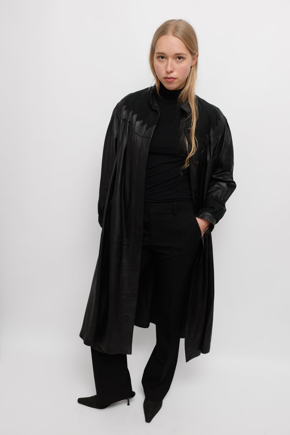 VINTAGE 1970 BLACK LEATHER MAXI SUEDE COAT
