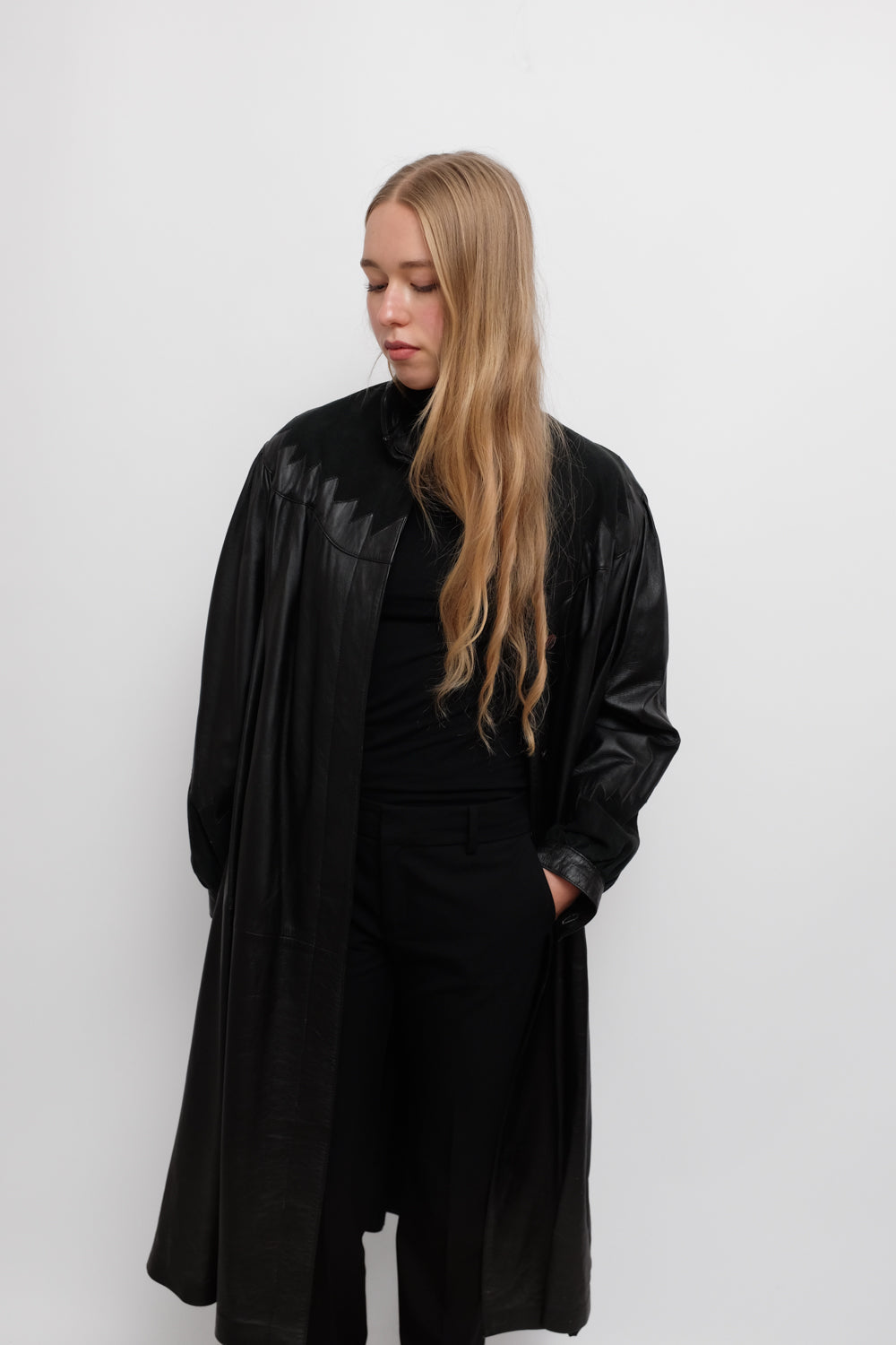 VINTAGE 1970 BLACK LEATHER MAXI SUEDE COAT
