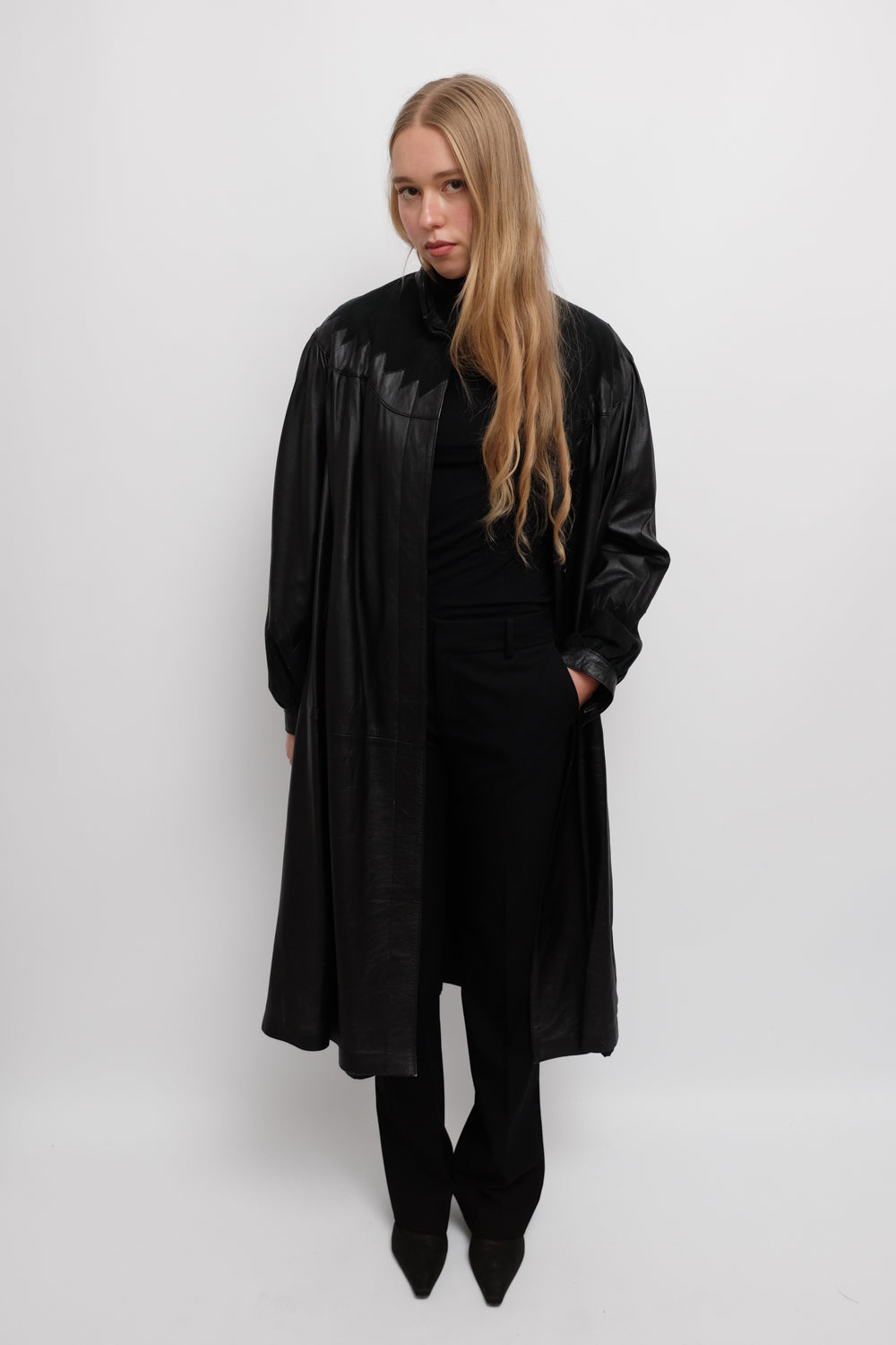 VINTAGE 1970 BLACK LEATHER MAXI SUEDE COAT