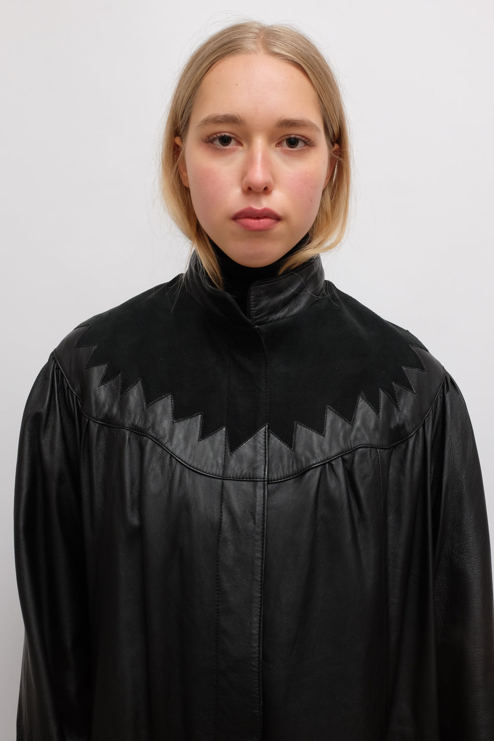 VINTAGE 1970 BLACK LEATHER MAXI SUEDE COAT