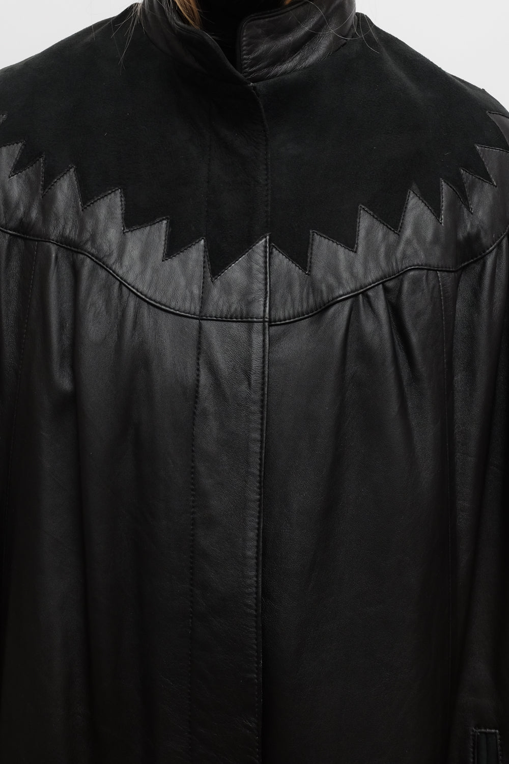 VINTAGE 1970 BLACK LEATHER MAXI SUEDE COAT