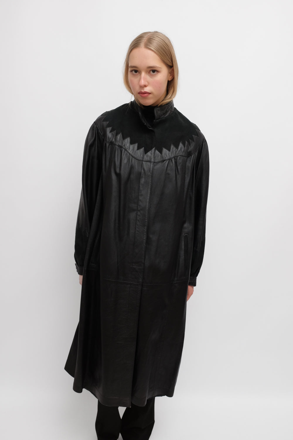 VINTAGE 1970 BLACK LEATHER MAXI SUEDE COAT