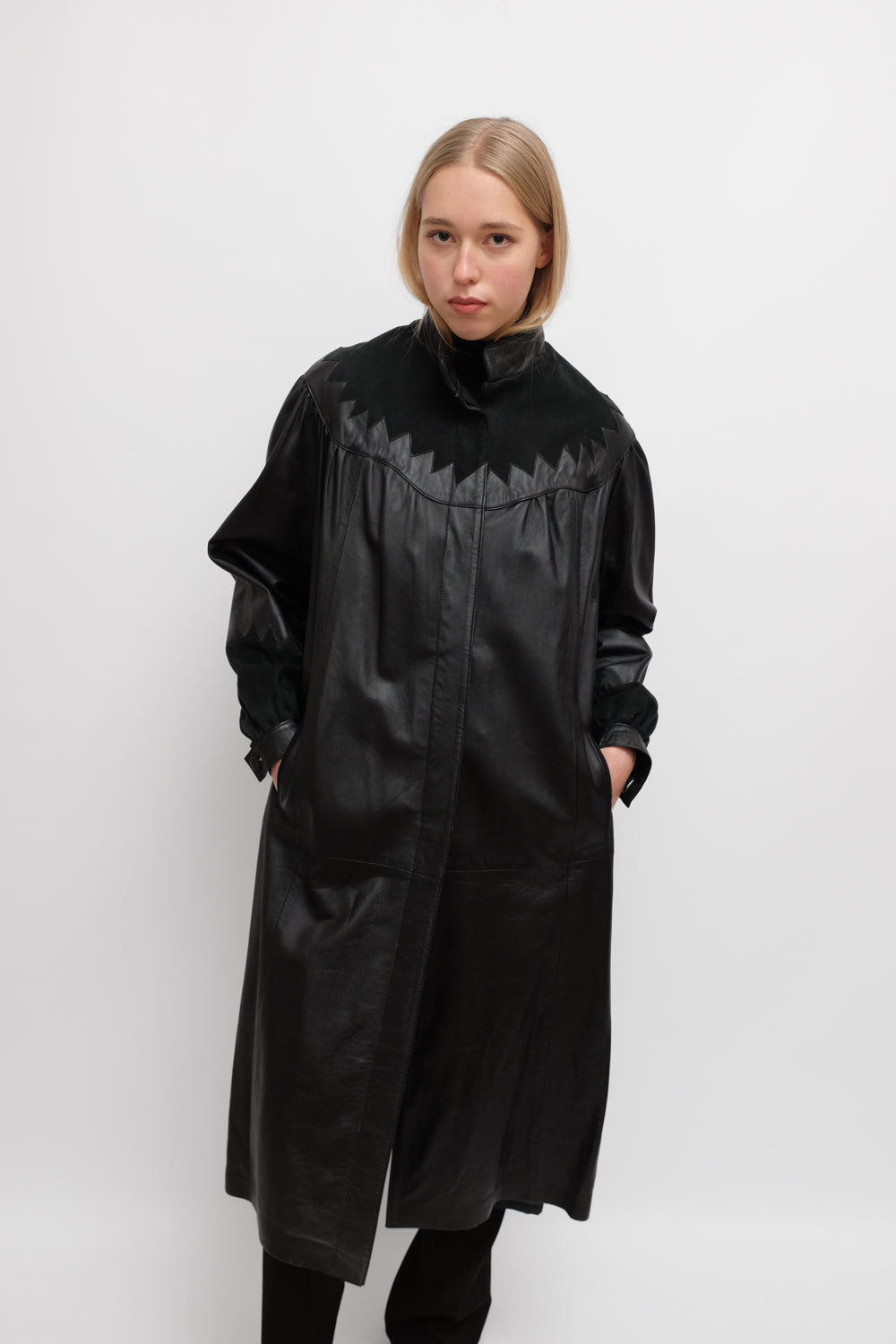 VINTAGE 1970 BLACK LEATHER MAXI SUEDE COAT