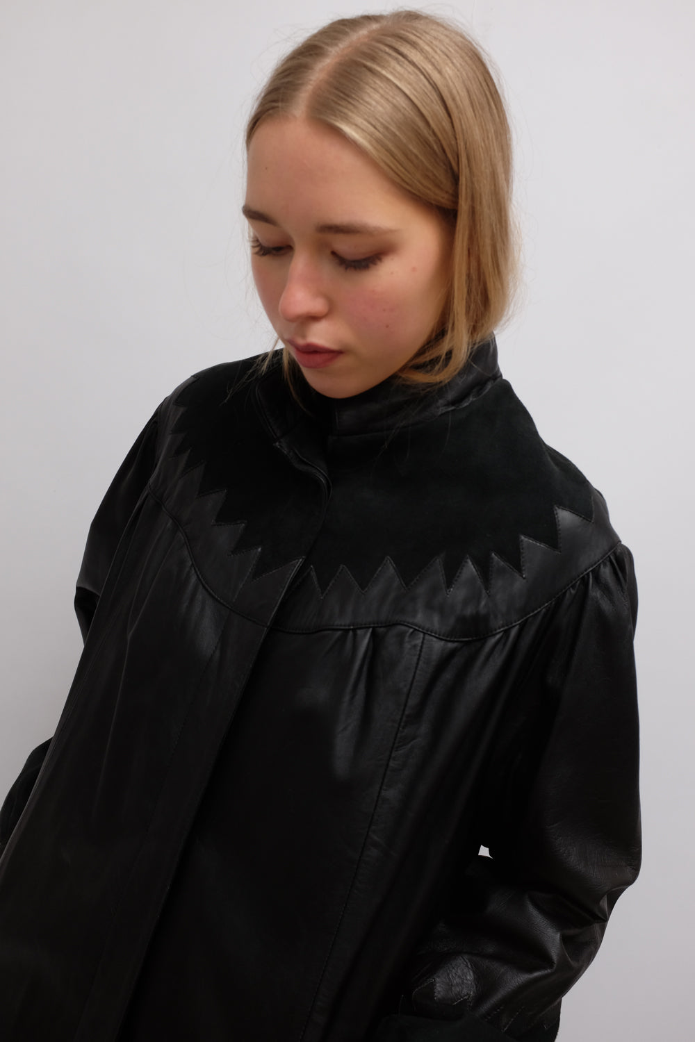 VINTAGE 1970 BLACK LEATHER MAXI SUEDE COAT