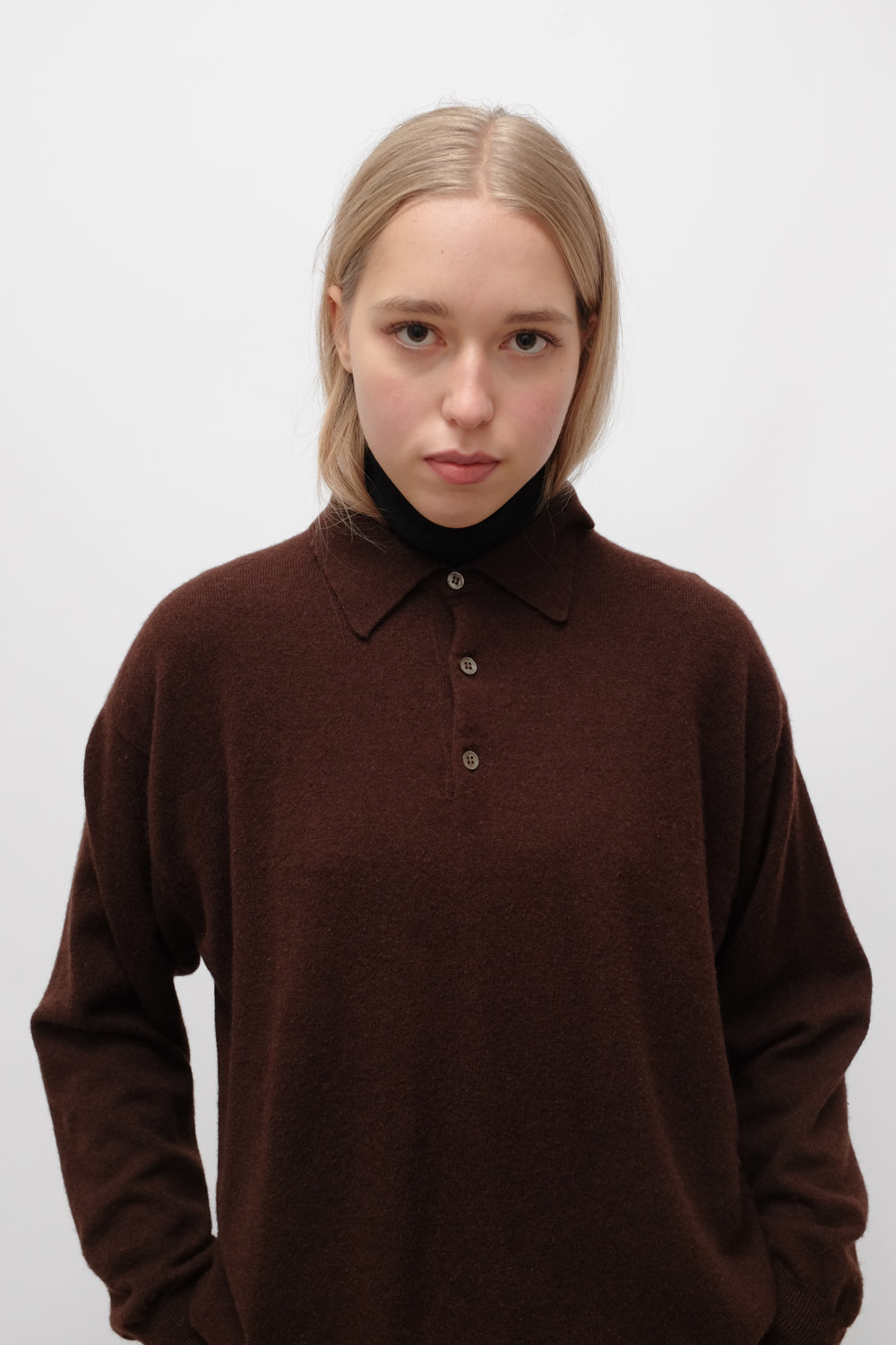 PURE CASHMERE BROWN OVERSIZE POLO SWEATER