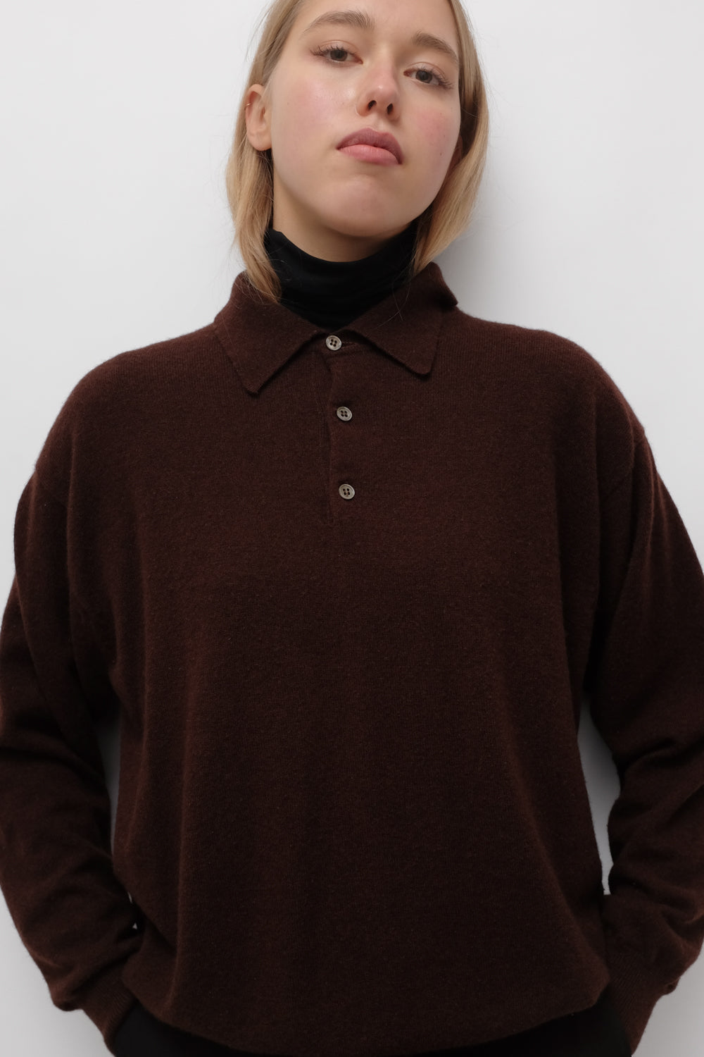 PURE CASHMERE BROWN OVERSIZE POLO SWEATER