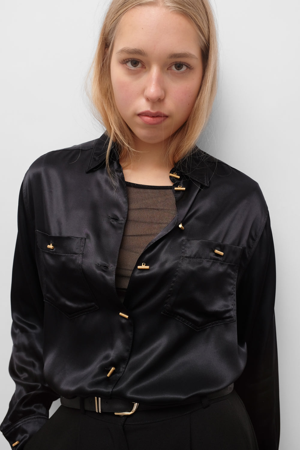 SATIN LIQUID PURE VISCOSE BLACK BLOUSE