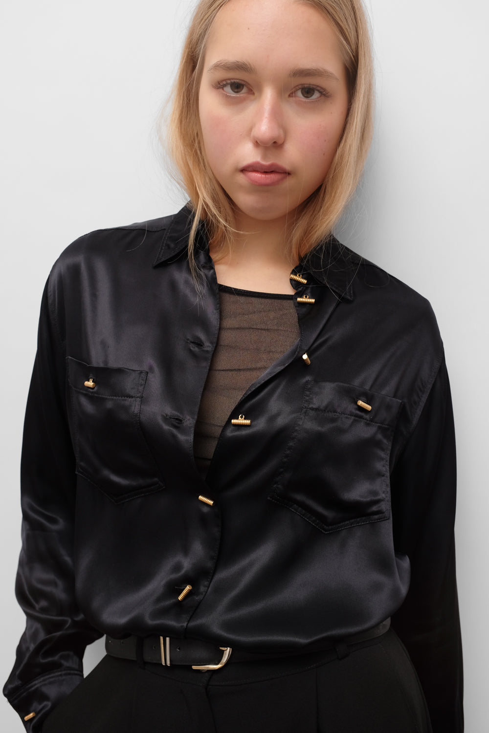 SATIN LIQUID PURE VISCOSE BLACK BLOUSE