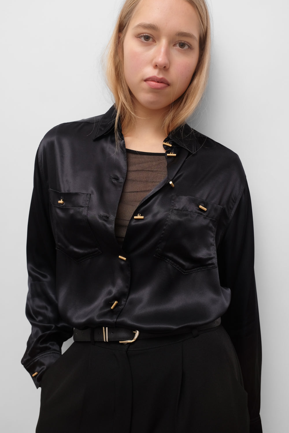 SATIN LIQUID PURE VISCOSE BLACK BLOUSE