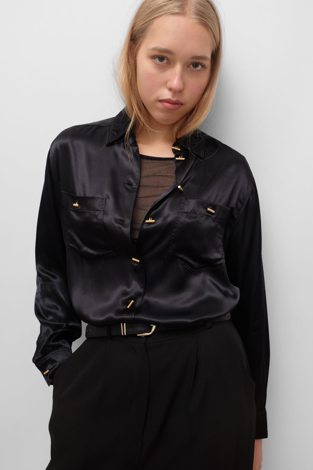 SATIN LIQUID PURE VISCOSE BLACK BLOUSE
